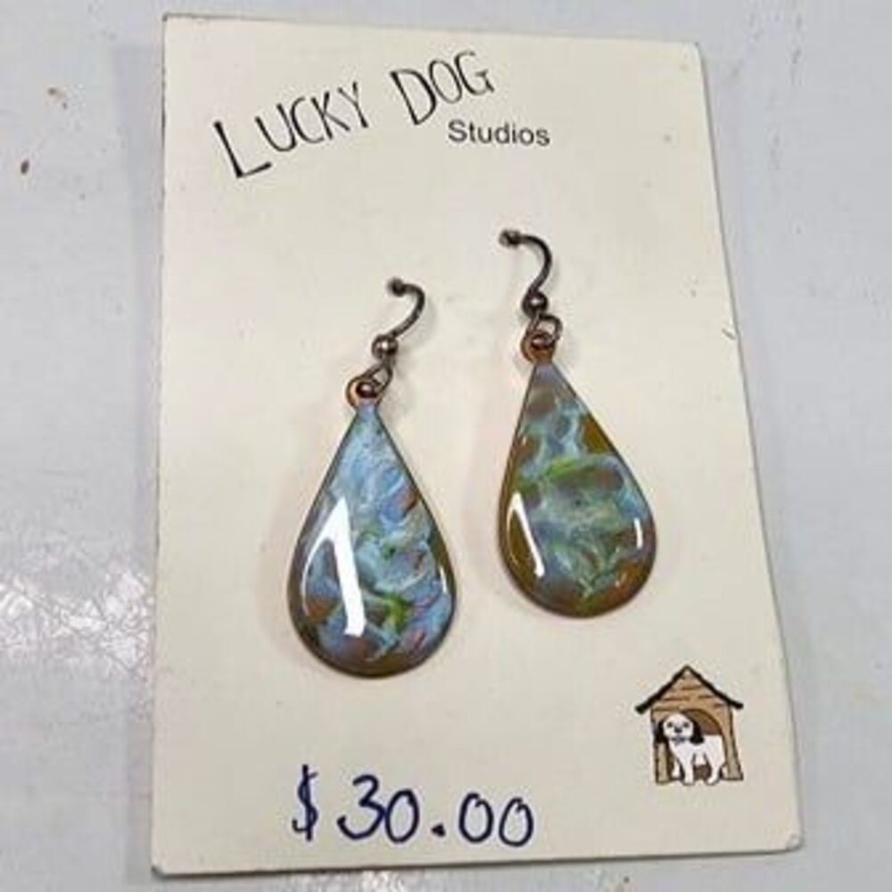 Lucky Dog Studios Copper Enamel Swirl Teardrop Earrings Handmade Charlotte, NC
